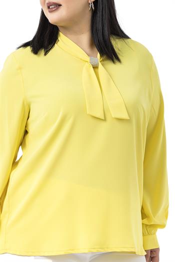 Büyük Beden Yakada Pırıltı Detaylı Manşetli Sarı Bluz