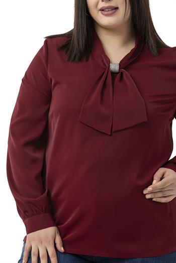 Büyük Beden Yakada Pırıltı Detaylı Manşetli Bordo Bluz