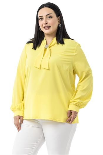 Büyük Beden Yakada Pırıltı Detaylı Manşetli Sarı Bluz