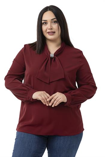 Büyük Beden Yakada Pırıltı Detaylı Manşetli Bordo Bluz