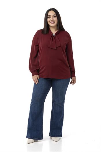 Büyük Beden Yakada Pırıltı Detaylı Manşetli Bordo Bluz