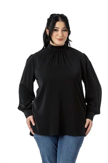 Plus Size Buttoned Back Standing Collar Flowy Black Blouse