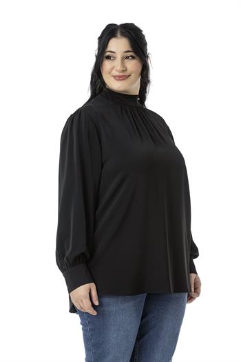 Plus Size Buttoned Back Standing Collar Flowy Black Blouse