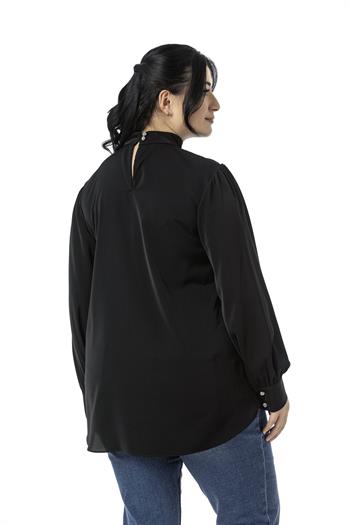 Plus Size Buttoned Back Standing Collar Flowy Black Blouse