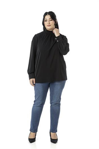 Plus Size Buttoned Back Standing Collar Flowy Black Blouse