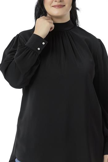 Plus Size Buttoned Back Standing Collar Flowy Black Blouse