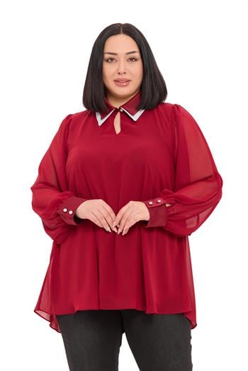 Büyük Beden Yakası Çift Kat Şifon Astarlı Bordo Bluz