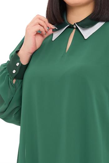 Büyük Beden Yakası Çift Kat Şifon Astarlı Zümrüt Yeşili Bluz