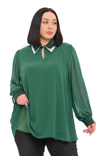 Büyük Beden Yakası Çift Kat Şifon Astarlı Zümrüt Yeşili Bluz