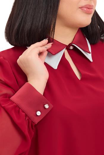 Büyük Beden Yakası Çift Kat Şifon Astarlı Bordo Bluz