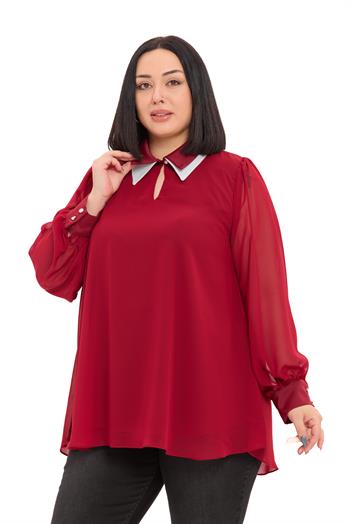 Büyük Beden Yakası Çift Kat Şifon Astarlı Bordo Bluz