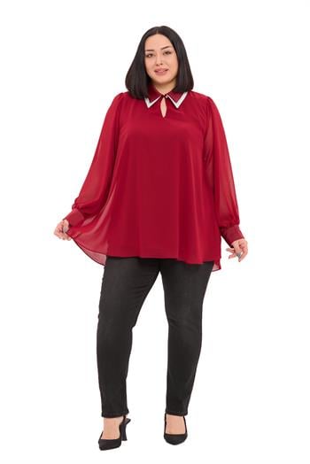 Büyük Beden Yakası Çift Kat Şifon Astarlı Bordo Bluz