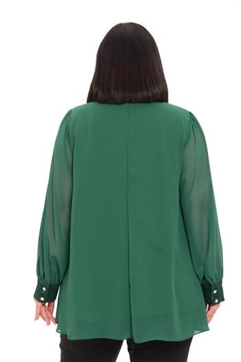 Büyük Beden Yakası Çift Kat Şifon Astarlı Zümrüt Yeşili Bluz