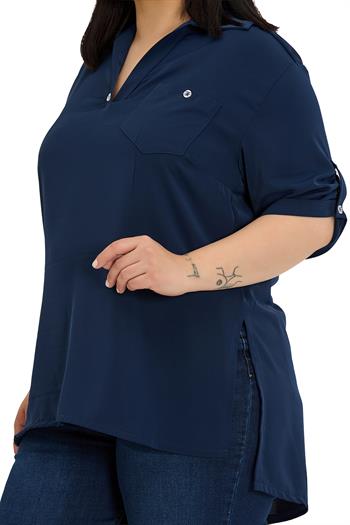 Büyük Beden Yakası Düğme ve Pat Detaylı Kolu Apoletli Lacivert Bluz