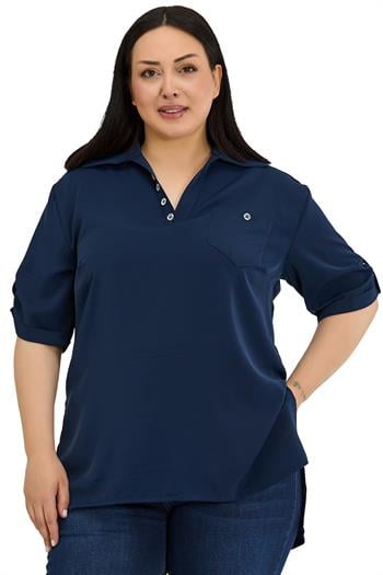 Büyük Beden Yakası Düğme ve Pat Detaylı Kolu Apoletli Lacivert Bluz
