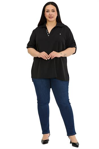 Büyük Beden Yakası Düğme ve Pat Detaylı Kolu Apoletli Siyah Bluz