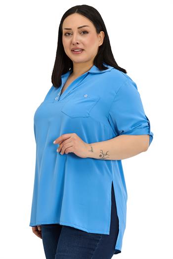Büyük Beden Yakası Düğme ve Pat Detaylı Kolu Apoletli İndigo Bluz