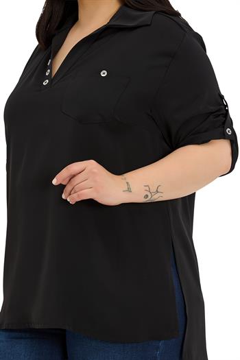 Büyük Beden Yakası Düğme ve Pat Detaylı Kolu Apoletli Siyah Bluz