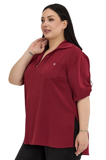 Büyük Beden Yakası Düğme ve Pat Detaylı Kolu Apoletli Bordo Bluz
