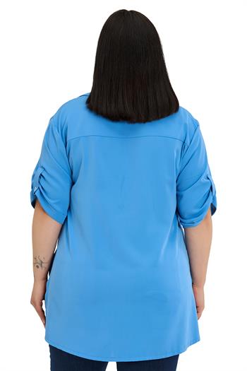 Büyük Beden Yakası Düğme ve Pat Detaylı Kolu Apoletli İndigo Bluz