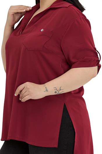 Büyük Beden Yakası Düğme ve Pat Detaylı Kolu Apoletli Bordo Bluz