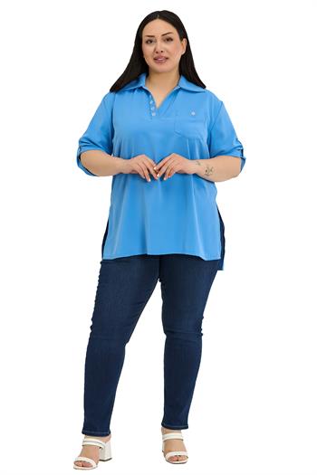 Büyük Beden Yakası Düğme ve Pat Detaylı Kolu Apoletli İndigo Bluz