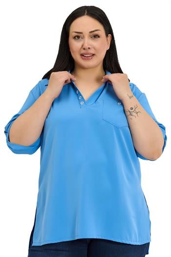 Büyük Beden Yakası Düğme ve Pat Detaylı Kolu Apoletli İndigo Bluz
