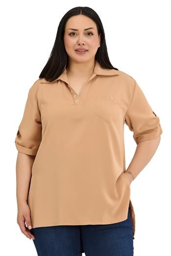 BluzDisentis Modest Büyük Beden Yakası Düğme ve Pat Detaylı Kolu Apoletli Vizon BluzDISENTIS MODESTBüyük Beden Yakası Düğme ve Pat Detaylı Kolu Apoletli Vizon Bluz