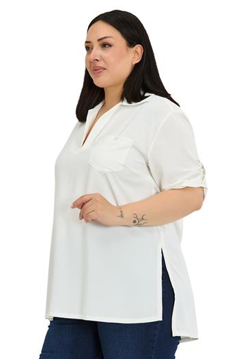 Büyük Beden Yakası Düğme ve Pat Detaylı Kolu Apoletli Beyaz Bluz