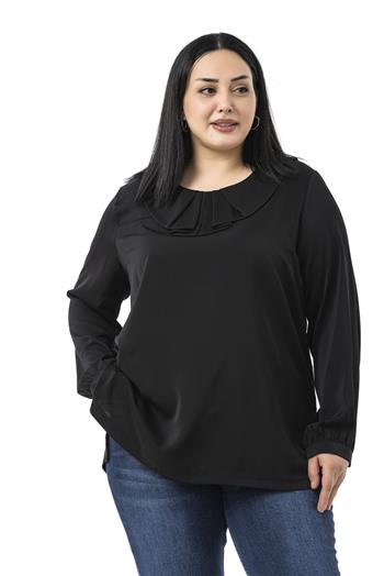 Büyük Beden Yakası Pileli Yanları Yırtmaçlı Siyah Bluz