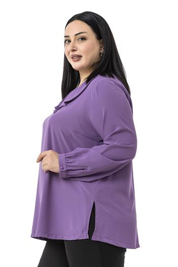 Büyük Beden Yakası Pileli Yanları Yırtmaçlı Lila Bluz