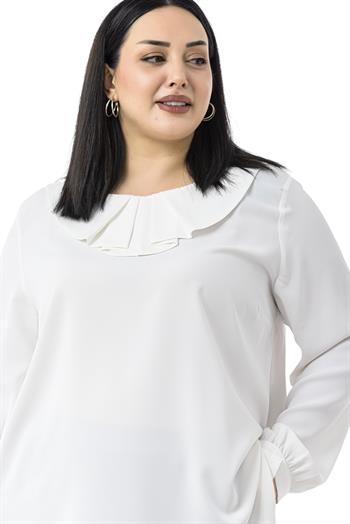 Büyük Beden Yakası Pileli Yanları Yırtmaçlı Beyaz Bluz