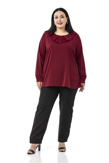 Büyük Beden Yakası Pileli Yanları Yırtmaçlı Bordo Bluz