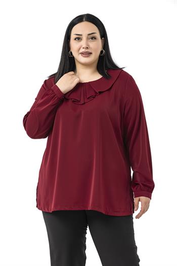Büyük Beden Yakası Pileli Yanları Yırtmaçlı Bordo Bluz