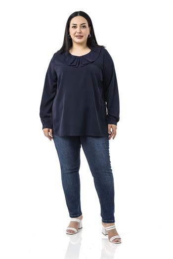 Büyük Beden Yakası Pileli Yanları Yırtmaçlı Lacivert Bluz