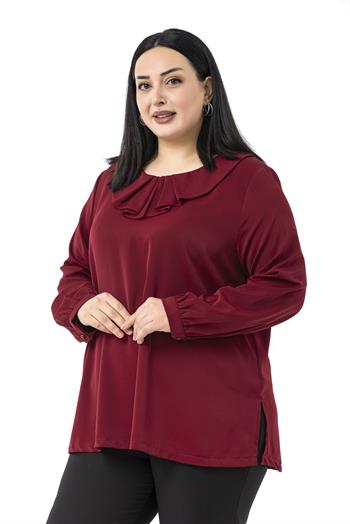 Büyük Beden Yakası Pileli Yanları Yırtmaçlı Bordo Bluz