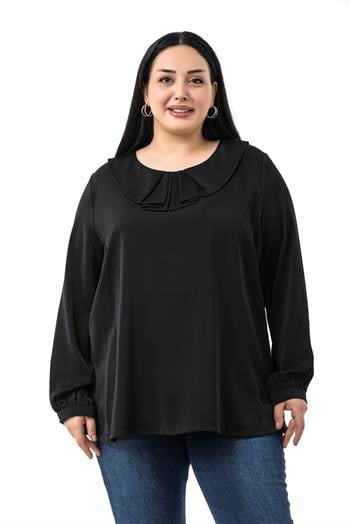 Büyük Beden Yakası Pileli Yanları Yırtmaçlı Siyah Bluz