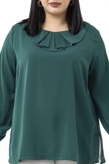 Büyük Beden Yakası Pileli Yanları Yırtmaçlı Zümrüt Yeşili Bluz