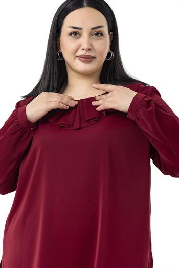 Büyük Beden Yakası Pileli Yanları Yırtmaçlı Bordo Bluz