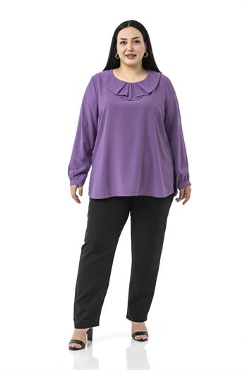 Büyük Beden Yakası Pileli Yanları Yırtmaçlı Lila Bluz