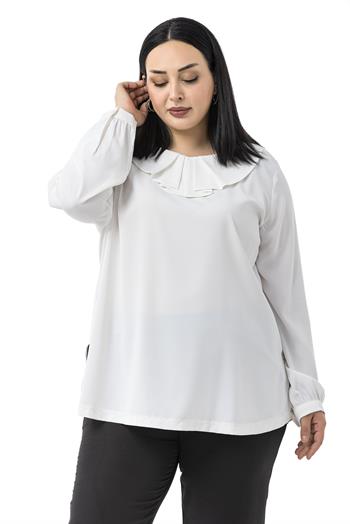 Büyük Beden Yakası Pileli Yanları Yırtmaçlı Beyaz Bluz