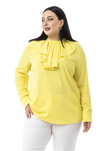 Büyük Beden Yakası Tek Kat Volanlı Manşetli Sarı Bluz