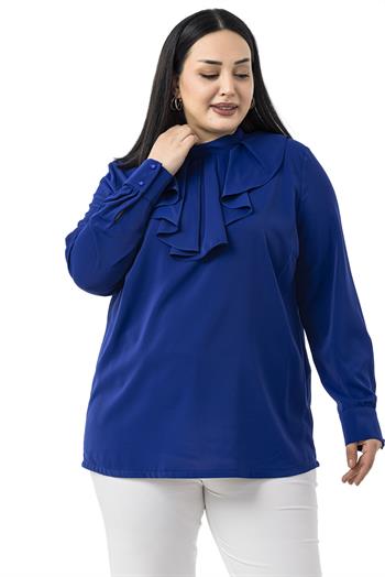 Büyük Beden Yakası Tek Kat Volanlı Manşetli Saks Mavi Bluz