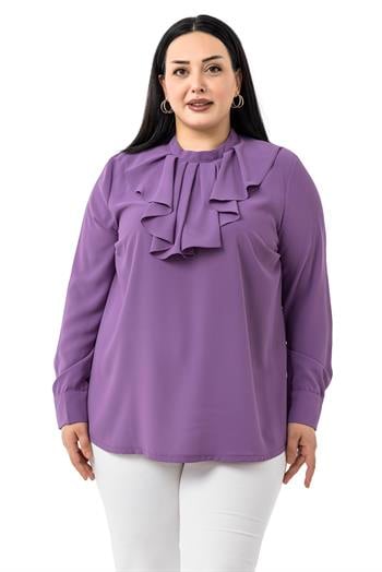 Büyük Beden Yakası Tek Kat Volanlı Manşetli Lila Bluz