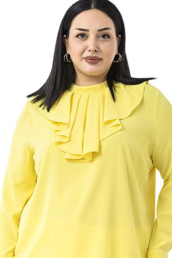 Büyük Beden Yakası Tek Kat Volanlı Manşetli Sarı Bluz