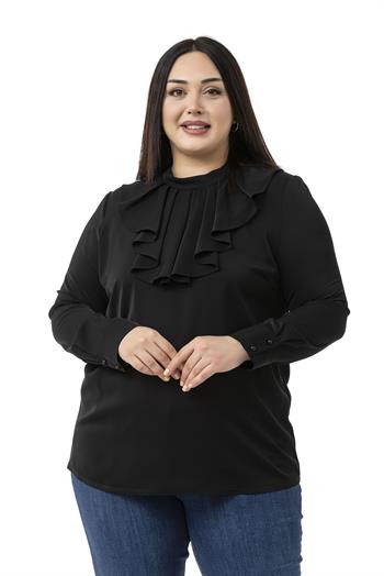 Büyük Beden Yakası Tek Kat Volanlı Manşetli Siyah Bluz