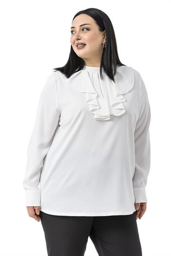 Büyük Beden Yakası Tek Kat Volanlı Manşetli Beyaz Bluz