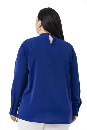 Büyük Beden Yakası Tek Kat Volanlı Manşetli Saks Mavi Bluz