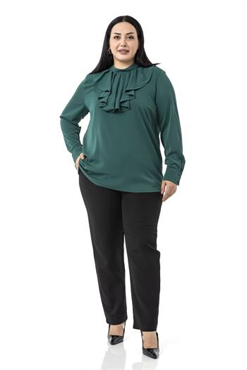 Büyük Beden Yakası Tek Kat Volanlı Manşetli Zümrüt Yeşili Bluz