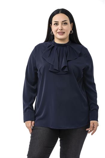 Büyük Beden Yakası Tek Kat Volanlı Manşetli Lacivert Bluz